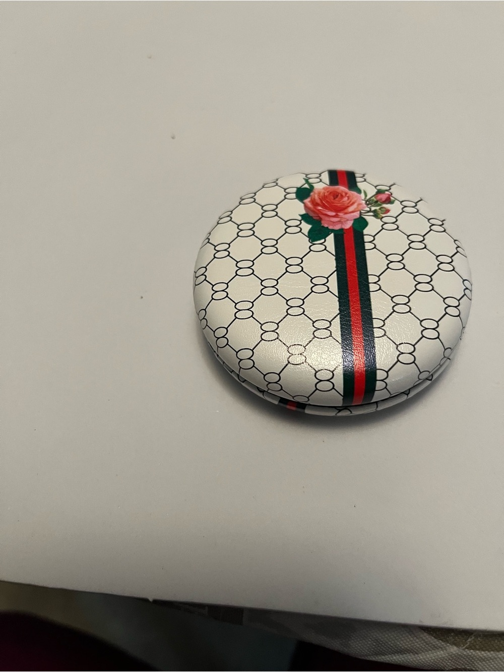 Floral Striped Compact Mirror - White with Red & Green Accents